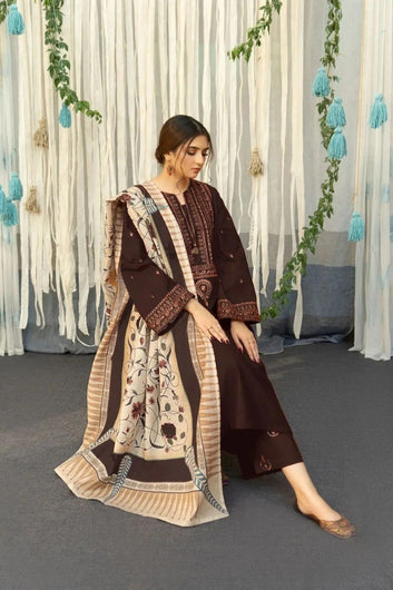 3PC Lawn Embroidered with Print Dupatta- SS-3002