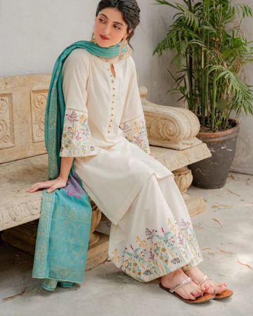 3PC Lawn Embroidered with Print Dupatta- SS-3001