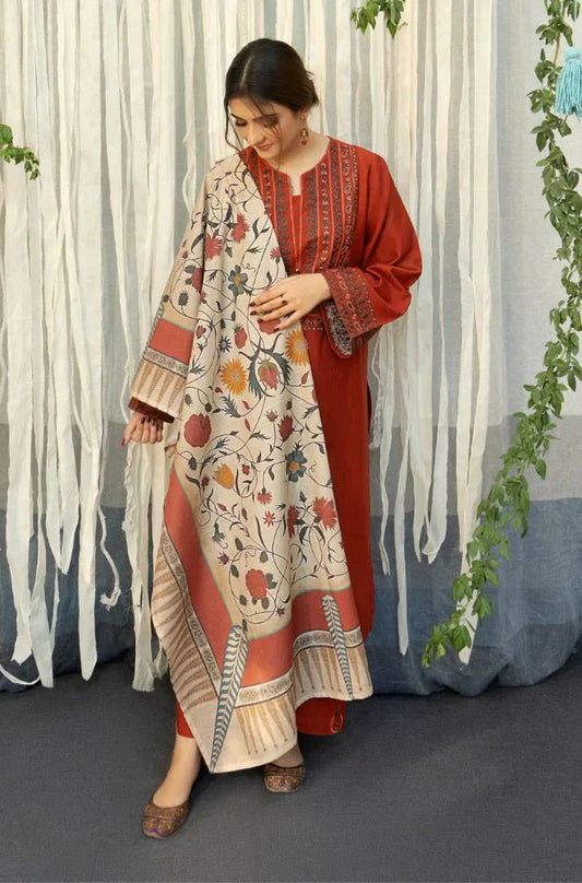 3PC Lawn Embroidered with Print Dupatta- SS-3008