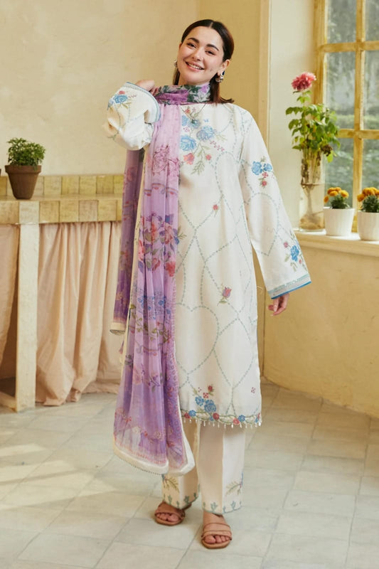 3PC Lawn Embroidered with Print Dupatta- SS-3029