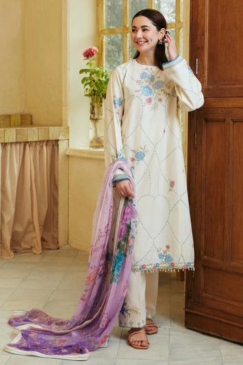 3PC Lawn Embroidered with Print Dupatta- SS-3029