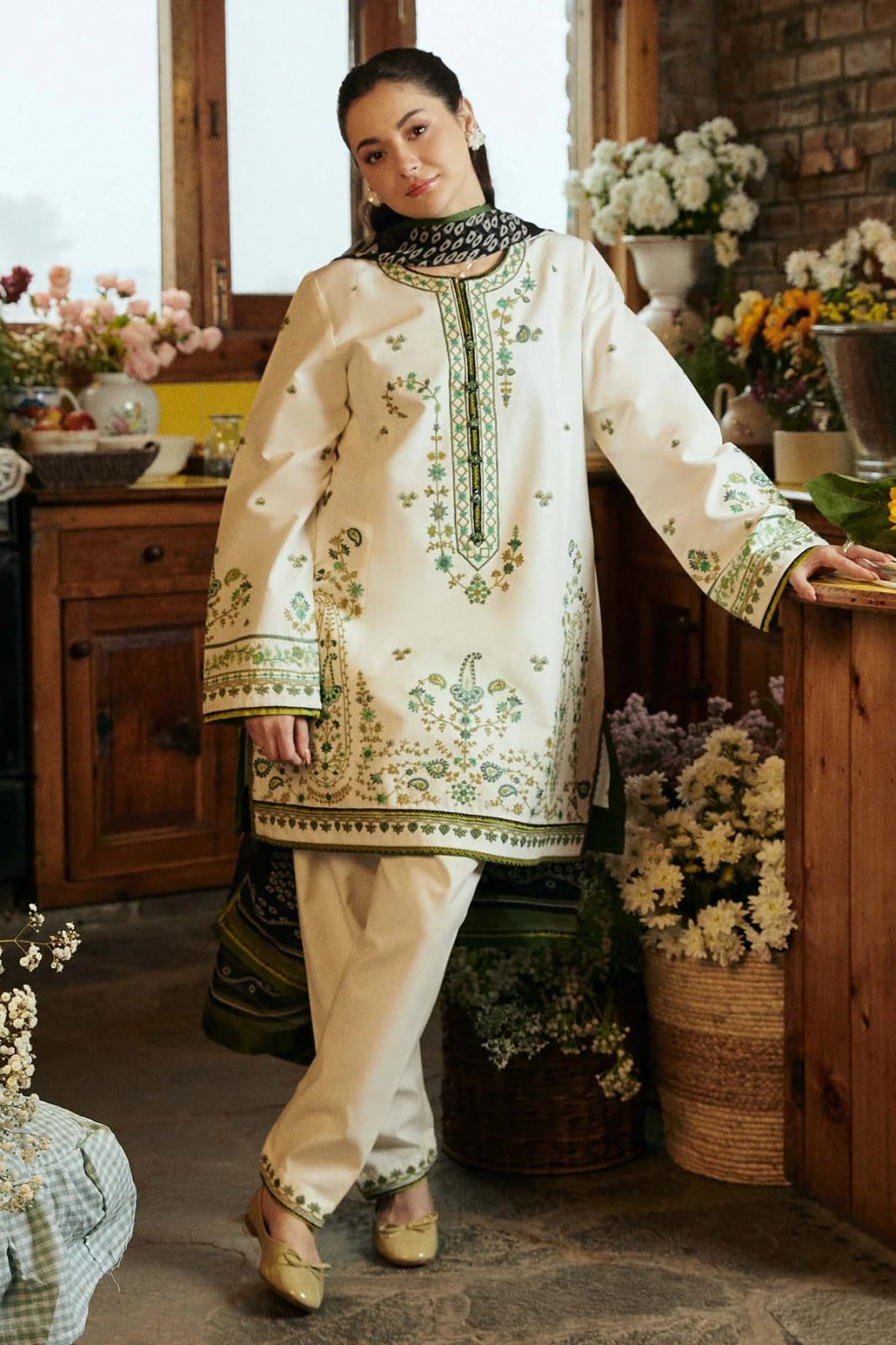 3PC Lawn Embroidered with Print Dupatta- SS-3034