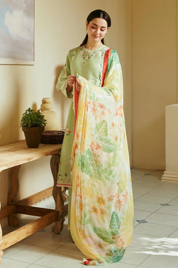 3PC Lawn Embroidered with Print Dupatta- SS-3017